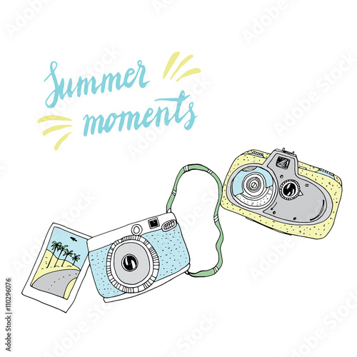 Cute hand drawn old and new cameras. Vector card with nice lettering. Best summer memories.