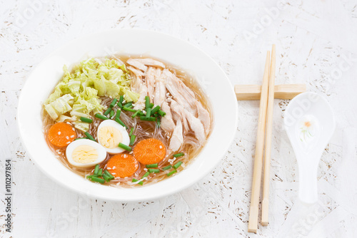 Chinese soup with glass noodles, vegetables and chicken