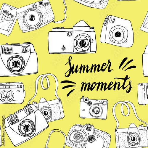 Cute hand drawn old and new cameras. Seamless vector pattern. Best summer memories.