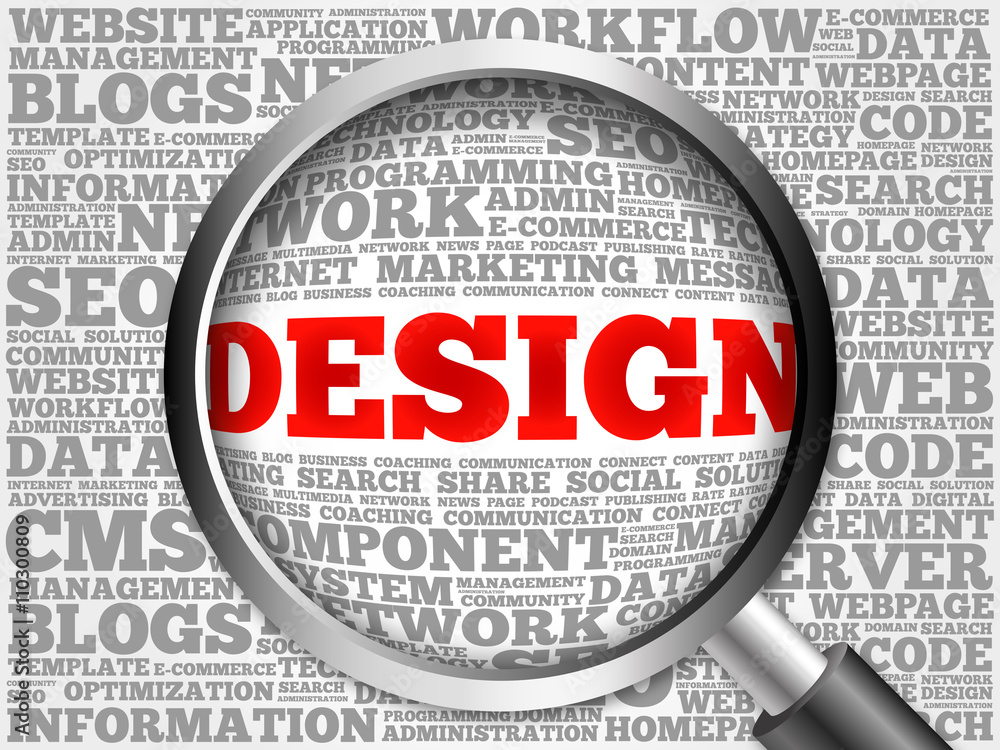 DESIGN word cloud with magnifying glass, business concept DESIGN word cloud with magnifying glass, business concept