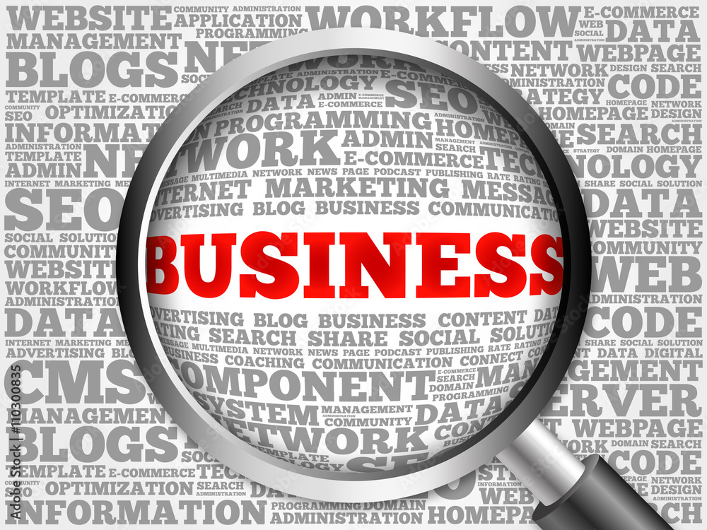 BUSINESS word cloud with magnifying glass, business concept BUSINESS word cloud with magnifying glass, business concept
