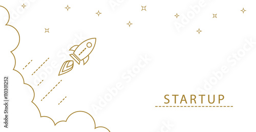 Startup rocket gold line horizontal banner concept. Business start. Rocket flies with speed from clouds.