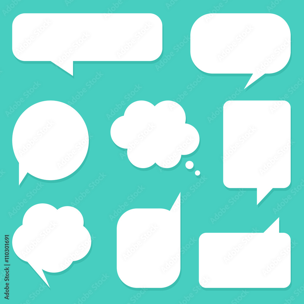 Flat design white speech bubbles set, collection on mint green background.