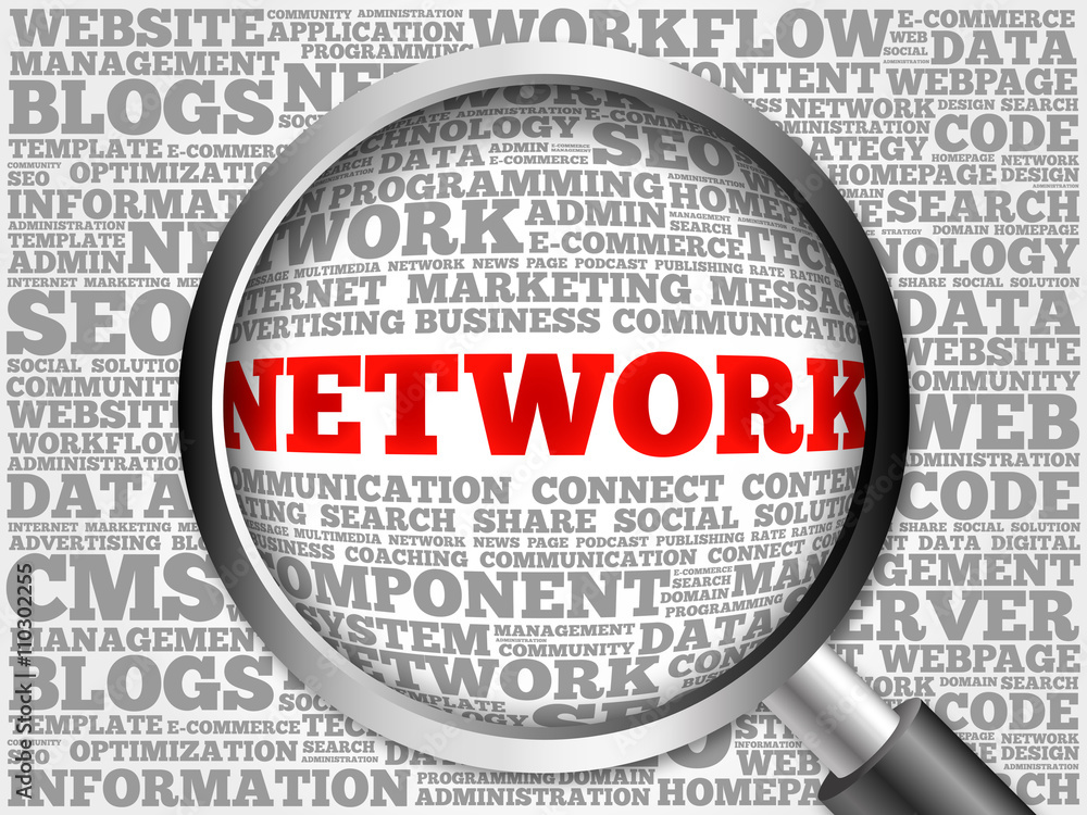 Network word cloud with magnifying glass, business concept Network word cloud with magnifying glass, business concept