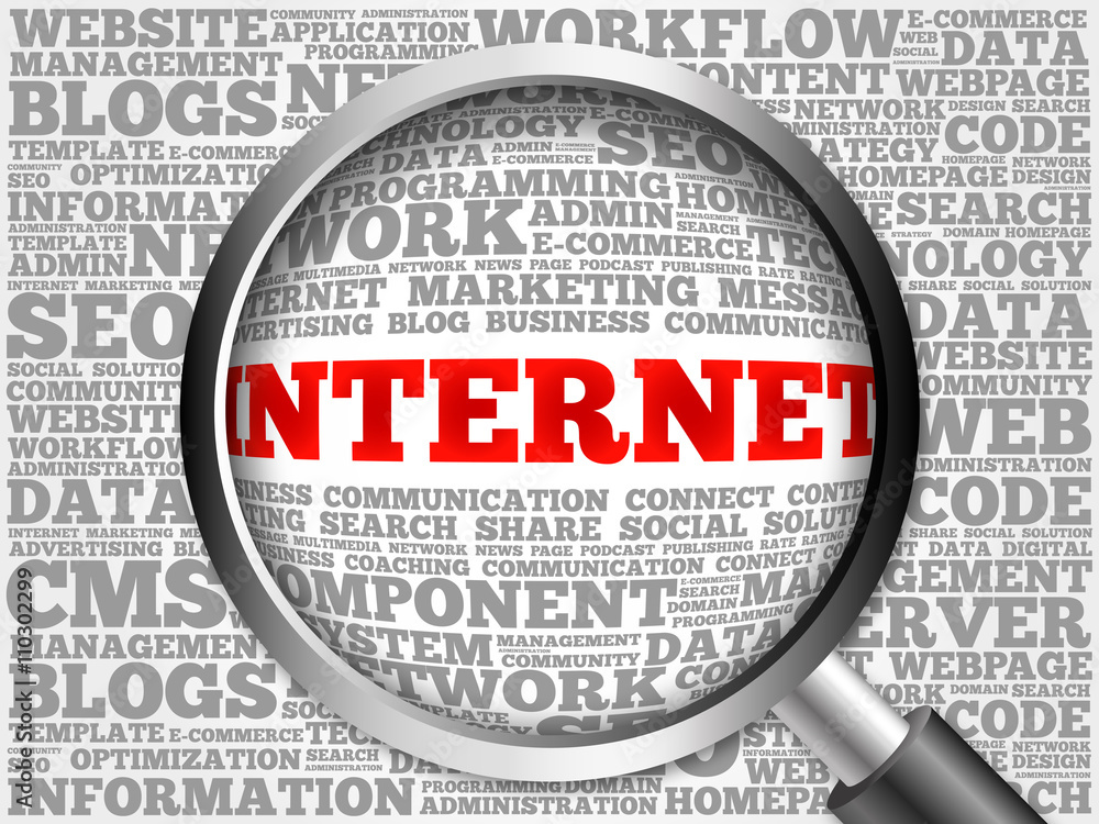 INTERNET word cloud with magnifying glass, business concept