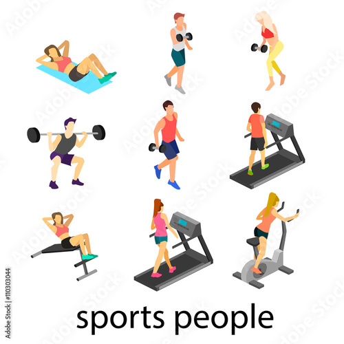 Isometric interior of gym. People involved in sports
