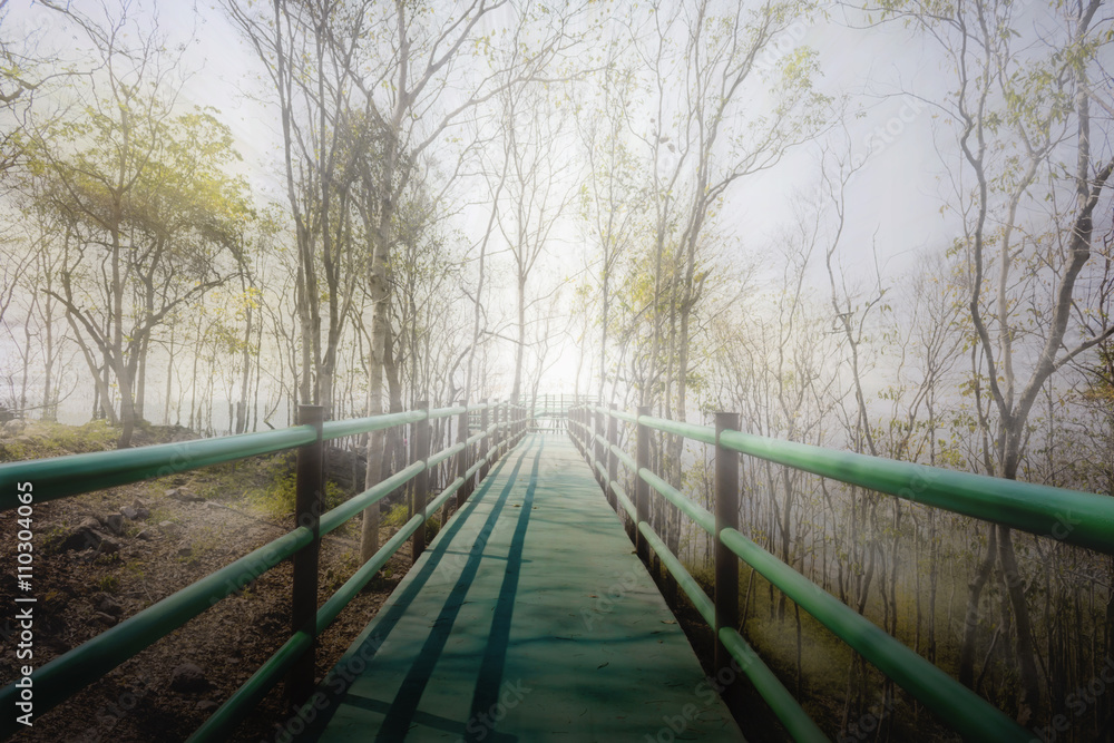 Long footpath or bridge in white fog to light at the end, concep Long footpath or bridge in white fog to light at the end, concep