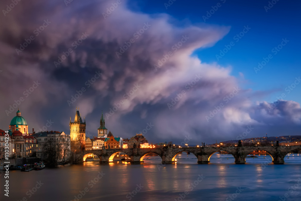 Storm over Charles bridge, Prague, Czech republic