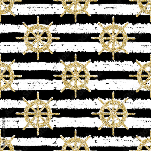 Seamless hand drawn striped pattern with helms for adventure. Sea gold glitter motif,  for wrapping, wallpaper, fabric, textile