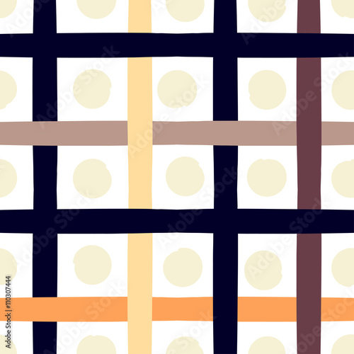 Cute vector geometric seamless pattern . Polka dots and stripes. Brush strokes. Hand drawn grunge texture. Abstract forms. Endless texture can be used for printing onto fabric or paper