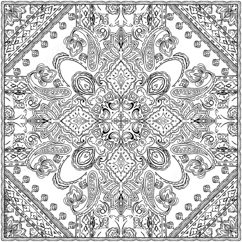 Monochrome Paisley pattern on white background. Oriental ornament for wrapping, wallpaper, fabric, textile, coloring page, book