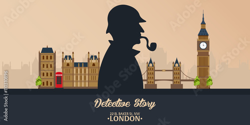 Sherlock Holmes poster. Detective illustration. Illustration with Sherlock Holmes. Baker street 221B. London. Big Ban