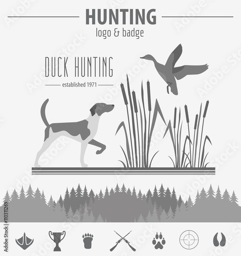Hunting logo and badge template. Dog hunting, equipment.  Flat d