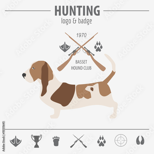 Hunting logo and badge template. Dog hunting, equipment.  Flat d