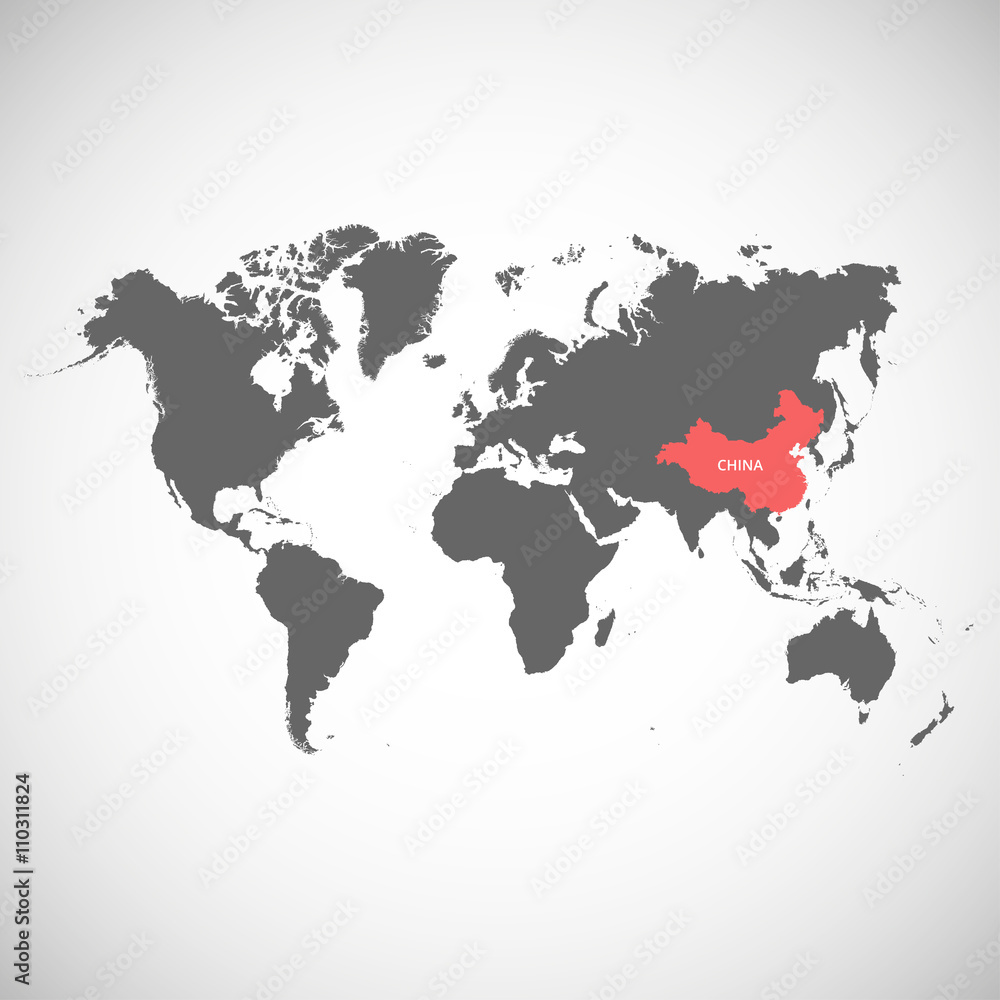 World map with marked country. China. Vector illustration.
