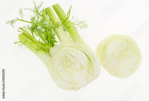 Fresh fennel cut in two, isolated on white background