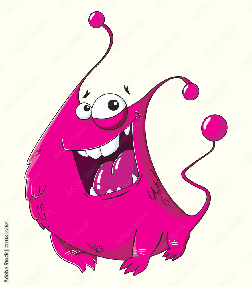 Fototapeta premium Funny cartoon fluffy pink monster with a smile