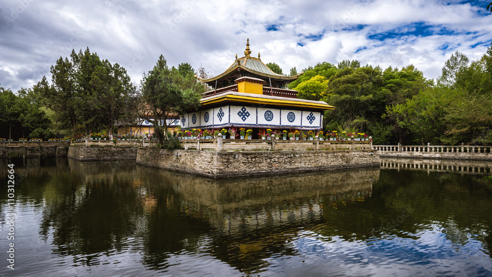 Small temple in the pond of Nobulingka summer Palace, Lhasa, Tibet