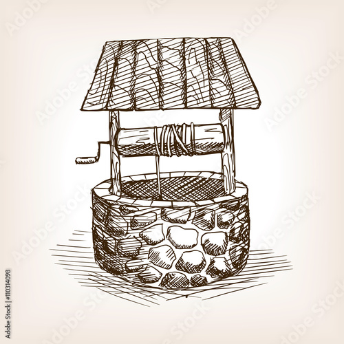 Rustic well sketch style vector illustration