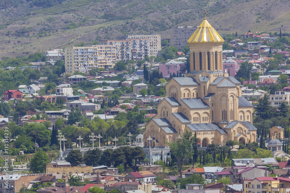 Aerial view of Holy Trinity Cathedral of Tbilisi, Georgia
