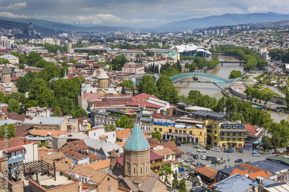 Tbilisi city center aerial view from Narikala Fortress, Georgia