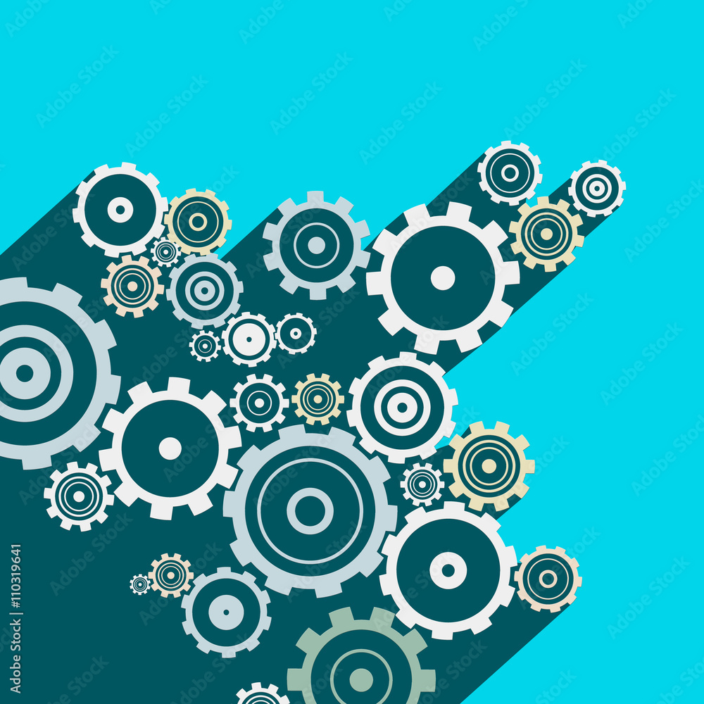 Cogs - Gears. Vector Long Shadow Flat Design Technology Background with Cog and Gear Elements on Blue Background.