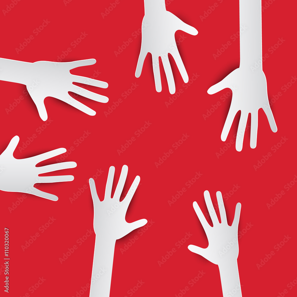 Paper Cut Hands. Vector Hands on Red Background. Hands Set.