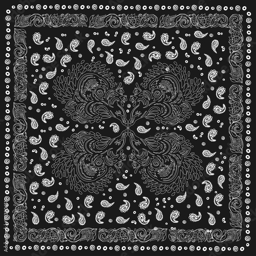Paisley and peacock. Bandana print with  design for silk neck scarf.Traditional ethnic pattern. Black and white vector image.