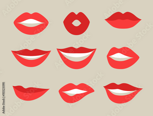 Female lips set. Mouths with red lipstick in variety of expressions. Objects for decoration, design on advertising booklets, banners, flayers