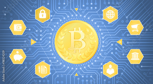 Digital Bitcoin. A golden coin with the Bitcoin symbol on it in the center of a PCB pattern as is inside of electronic cyberspace. Graphic illustration on the theme of Crypto-Currencies.
