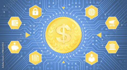 Digital Dollar. Golden coin with Dollar symbol in electronic cyberspace. Graphic template on the subject of 'Crypto-Currencies'.