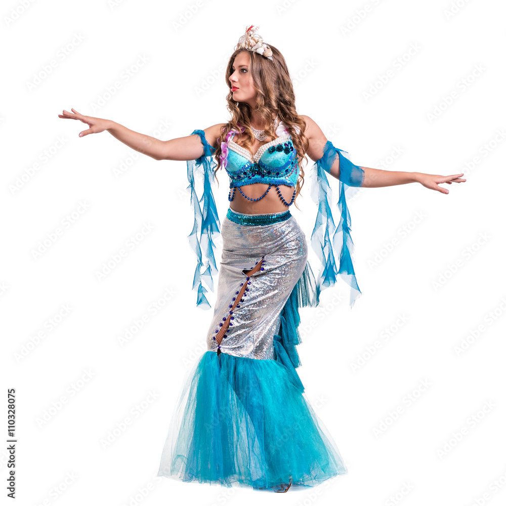 Carnival dancer girl dressed as a mermaid posing, isolated on white Carnival dancer girl dressed as a mermaid posing, isolated on white