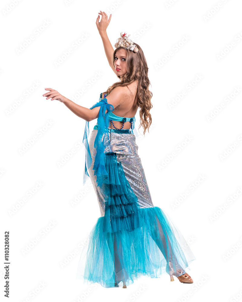 Carnival dancer girl dressed as a mermaid posing, isolated on white Carnival dancer girl dressed as a mermaid posing, isolated on white