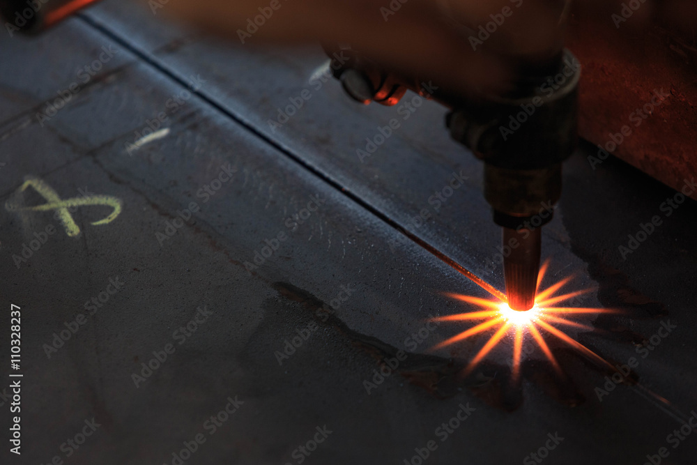 Flame cutting process by oxygen and acetylene cutting machine Stock