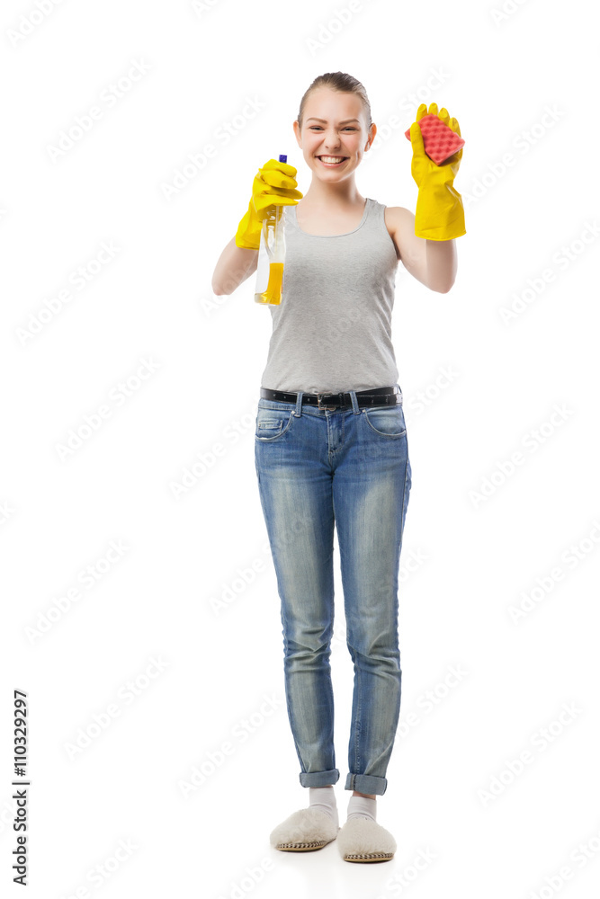 Young woman with sponge and cleansing spray isolated Young woman with sponge and cleansing spray isolated