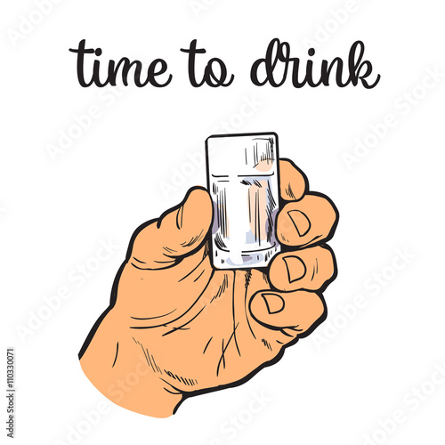 Hand holding a full glass of vodka, vector illustration sketch art by hand, isolation on a white background male hand with a stack owith strong alcohol, the concept of time to drink alcohol