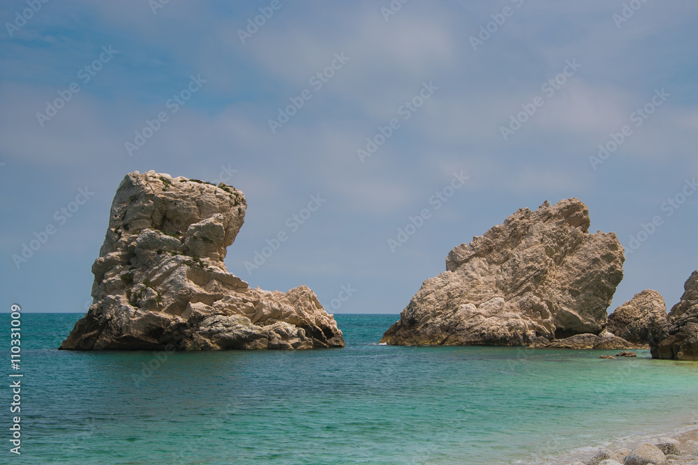 Rock and sea. Photo of two sisters beach (Spiaggia delle due Sorelle), Monte Conero in the adriatic sea.