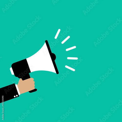 Megaphone with hand. Blank background for advertising