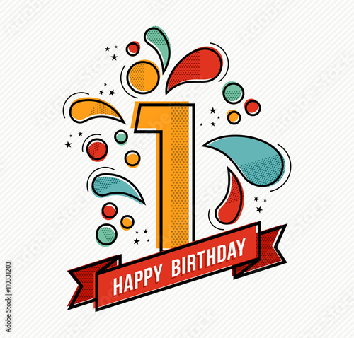 Colorful happy birthday number 1 flat line design