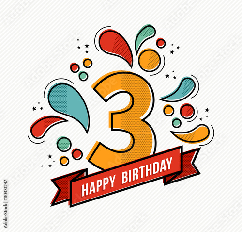 Colorful happy birthday number 3 flat line design