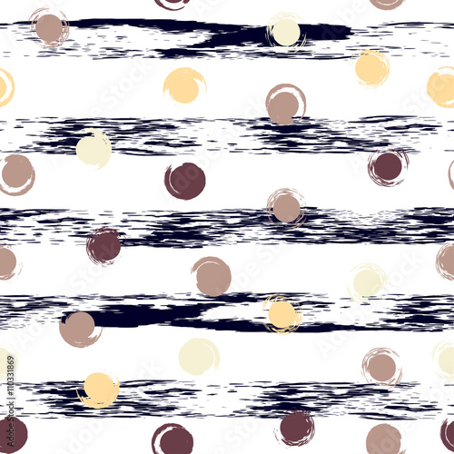 Cute vector geometric seamless pattern . Polka dots and stripes. Brush strokes. Hand drawn grunge texture. Abstract forms. Endless texture can be used for printing onto fabric or paper