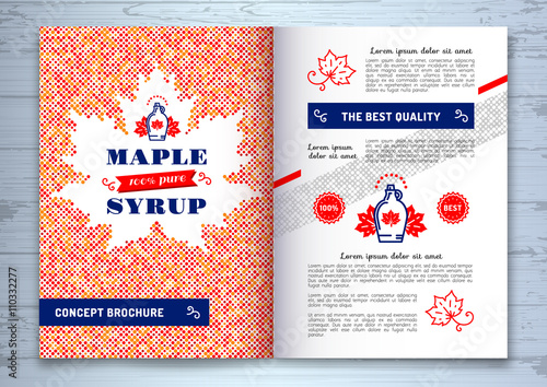 Maple syrup brochure, corporate identity, template design A4. Canadian food, American traditional products, bottle icon. Maple leaf silhouette of colorful dots, vector illustration