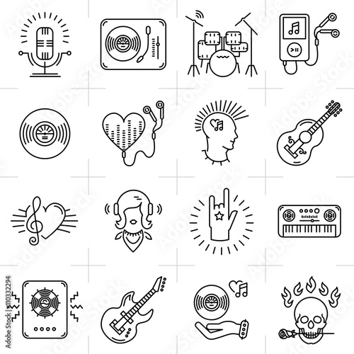 Thin lines music icons set. Rock music band, punk rocker, Heavy rock icon, Skull icon, Notes, instruments, guitar, dj. Vector music illustration
