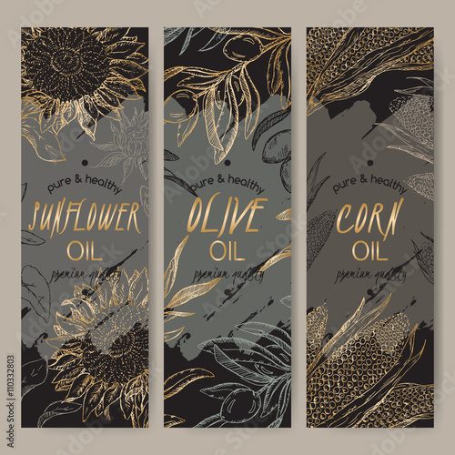 Three black and golden sunflower, olive, corn oil label templates. 