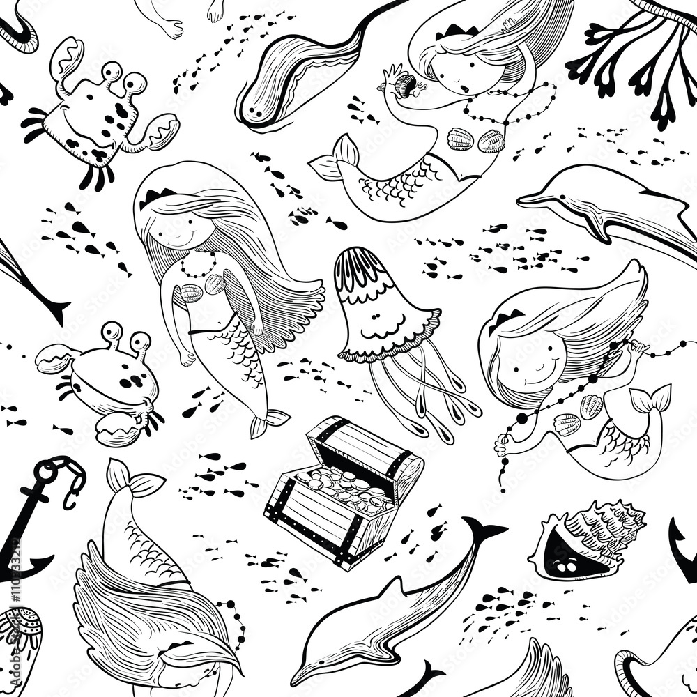 Fototapeta premium Vector marine seamless pattern with doodle mermaid and marine life