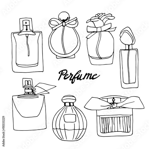 Hand drawn illustration bottles of perfumes. Fashion illustration.