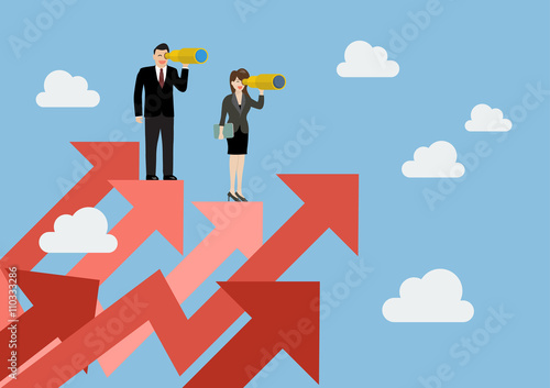 Business man and woman have a telescope standing on graph up