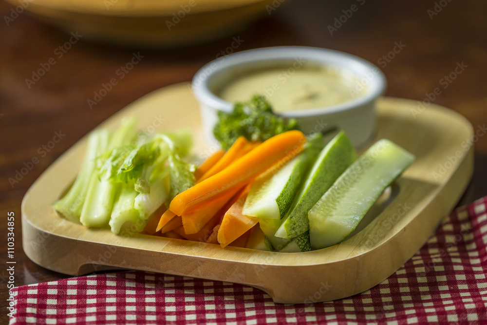 Vegetable sticks with Seafood cream dip on wood board Vegetable sticks with Seafood cream dip on wood board