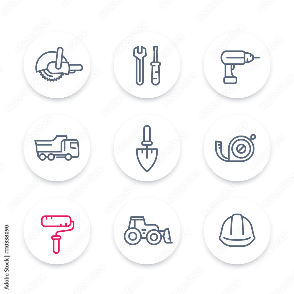construction line icons, construction equipment and tools linear signs, pictograms, round icons set, vector illustration construction line icons, construction equipment and tools linear signs, pictograms, round icons set, vector illustration