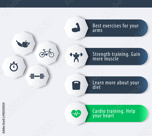 fitness, training, gym, workout icons with 3d geometric banner in dark blue and green, vector illustration